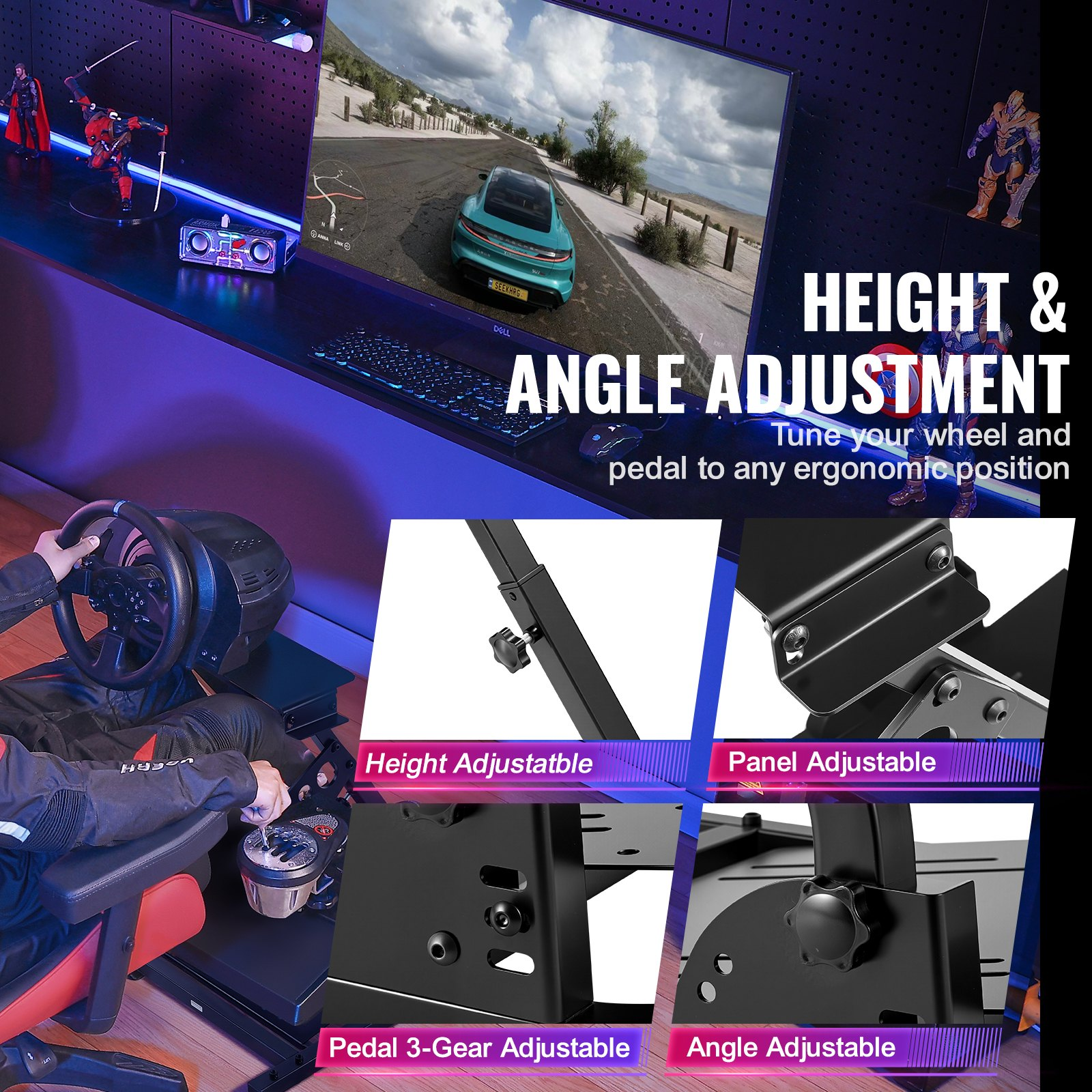 Start2Finish VEVOR G920 racing steering wheel stand with shifter mount for Logitech G27, G25, G29 gaming wheels and pedals.