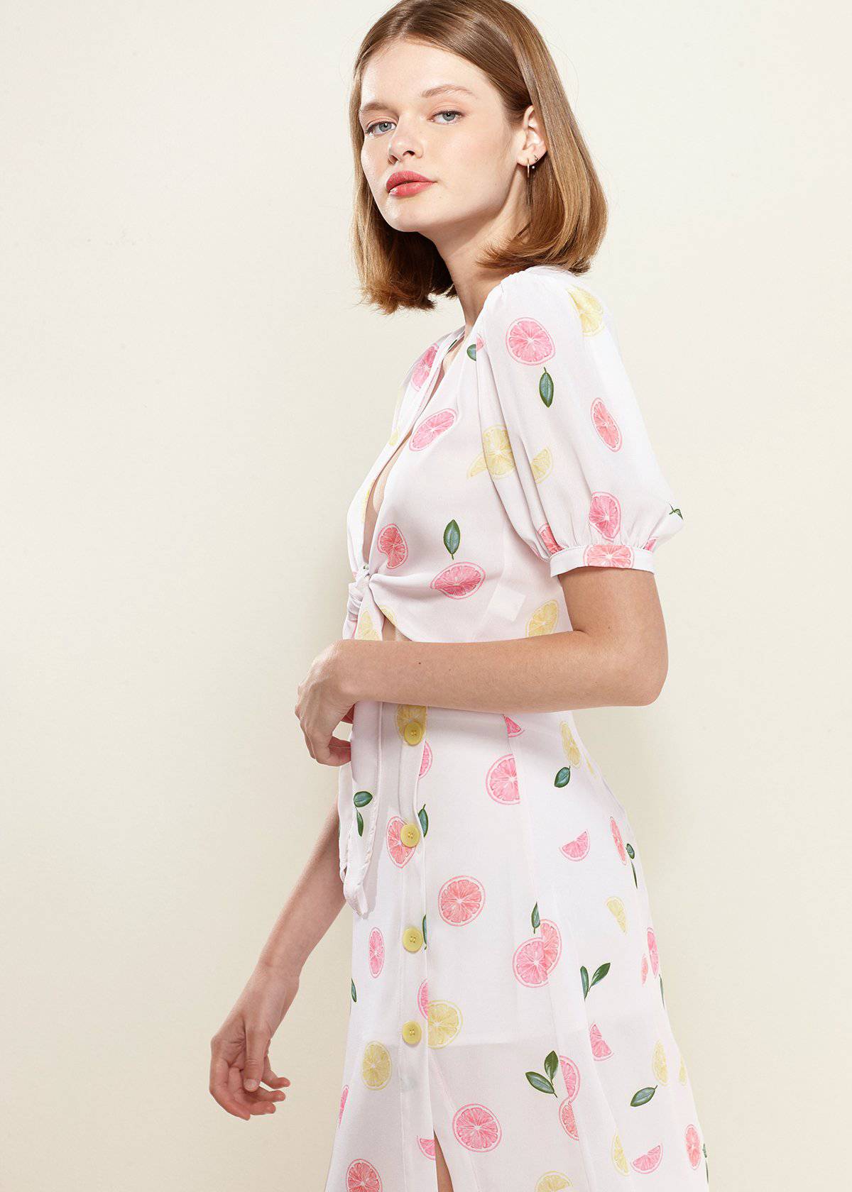 Lemon Hera fruit punch tie hem open front blouse with long sleeves and relaxed fit, stylish tops and blouses for casual wear.