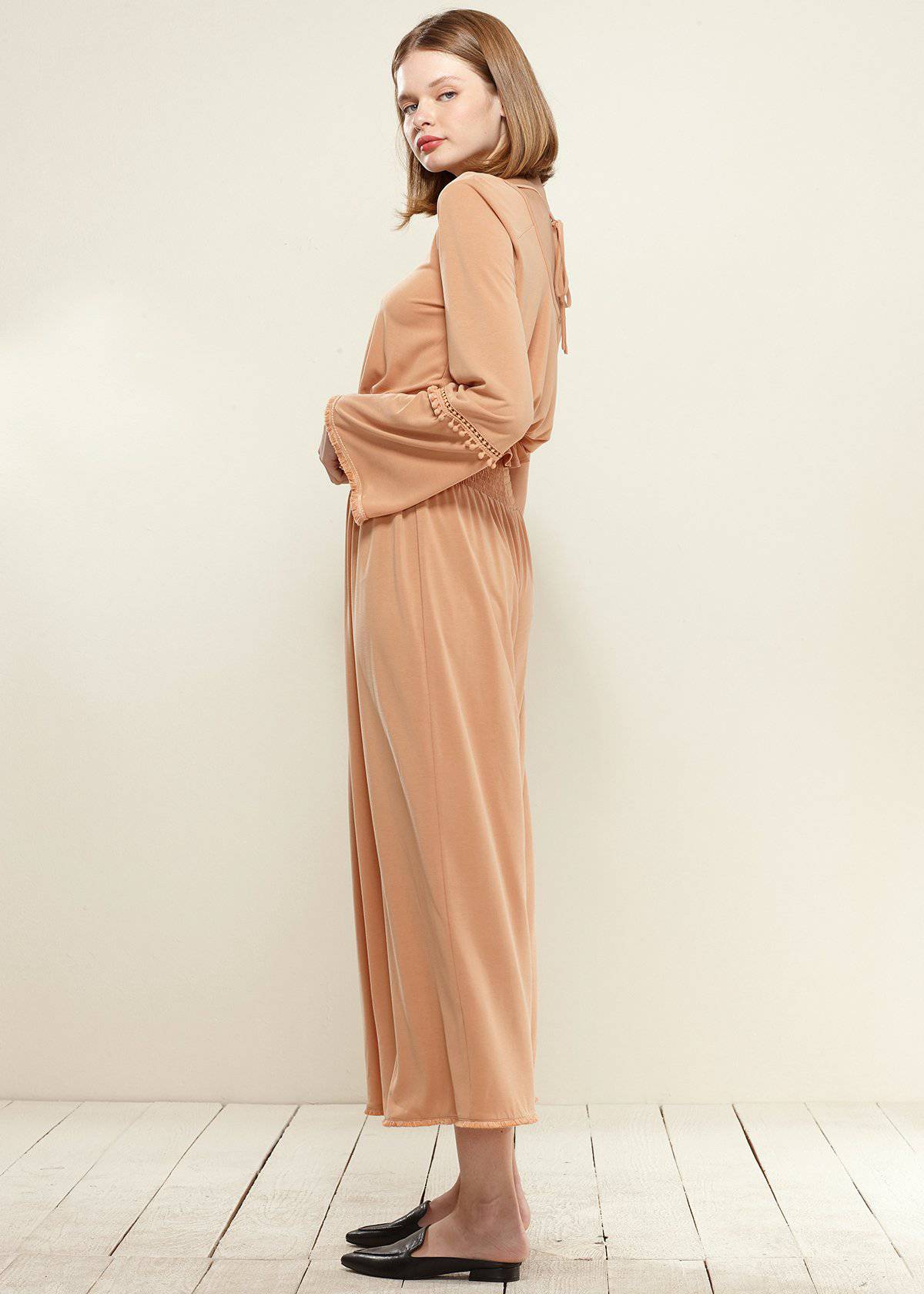 Lemon Hera smocked waist wide-leg palazzo pants in apricot fabric, flowing and stylish for casual or dressy wear