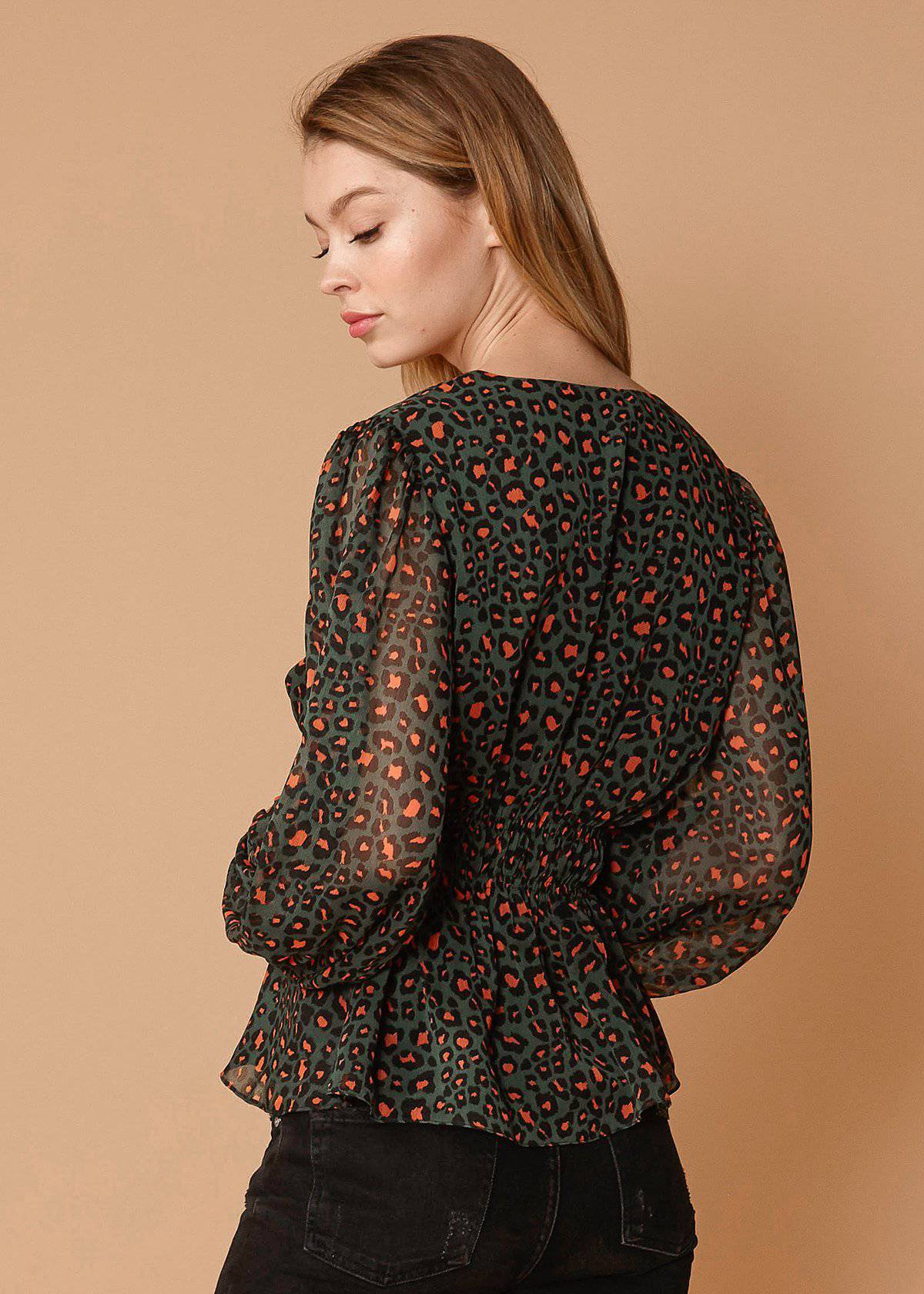 Leopard print V-neck puff sleeve blouse by Lemon Hera, stylish tops and blouses for a fashionable look.