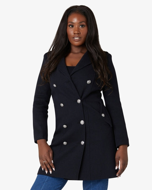 Rose Eleusis double-breasted twill military coat in cream color, vintage style jacket with structured design and classic lapels.
