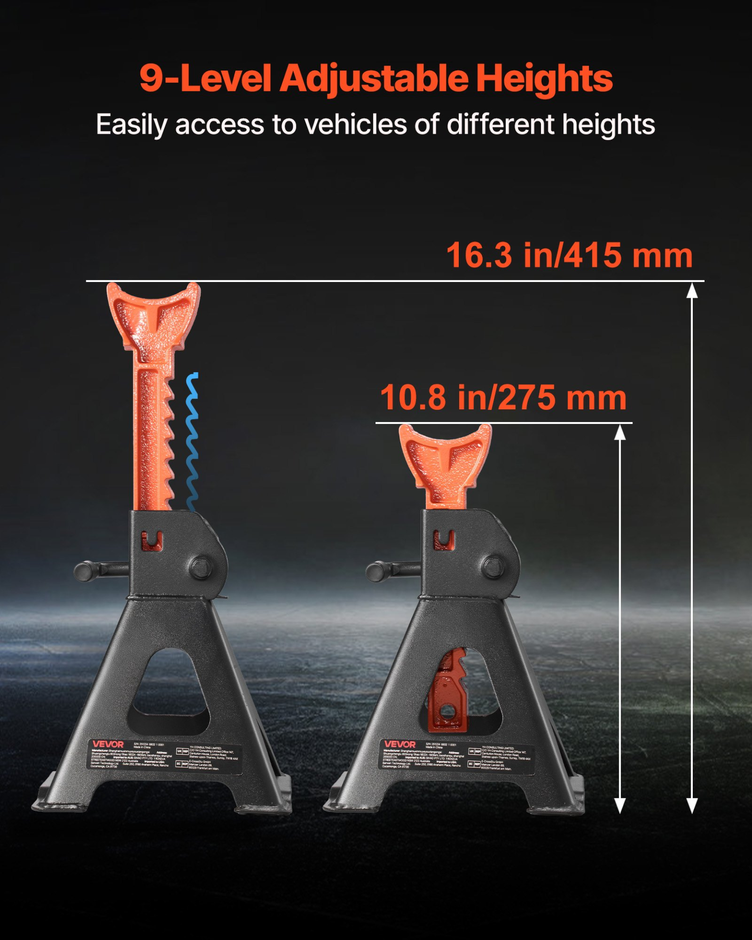 Start2Finish VEVOR 3 Ton automotive jack stands with adjustable height, heavy-duty steel, locking, for SUVs, pickups, cars, UTVs.