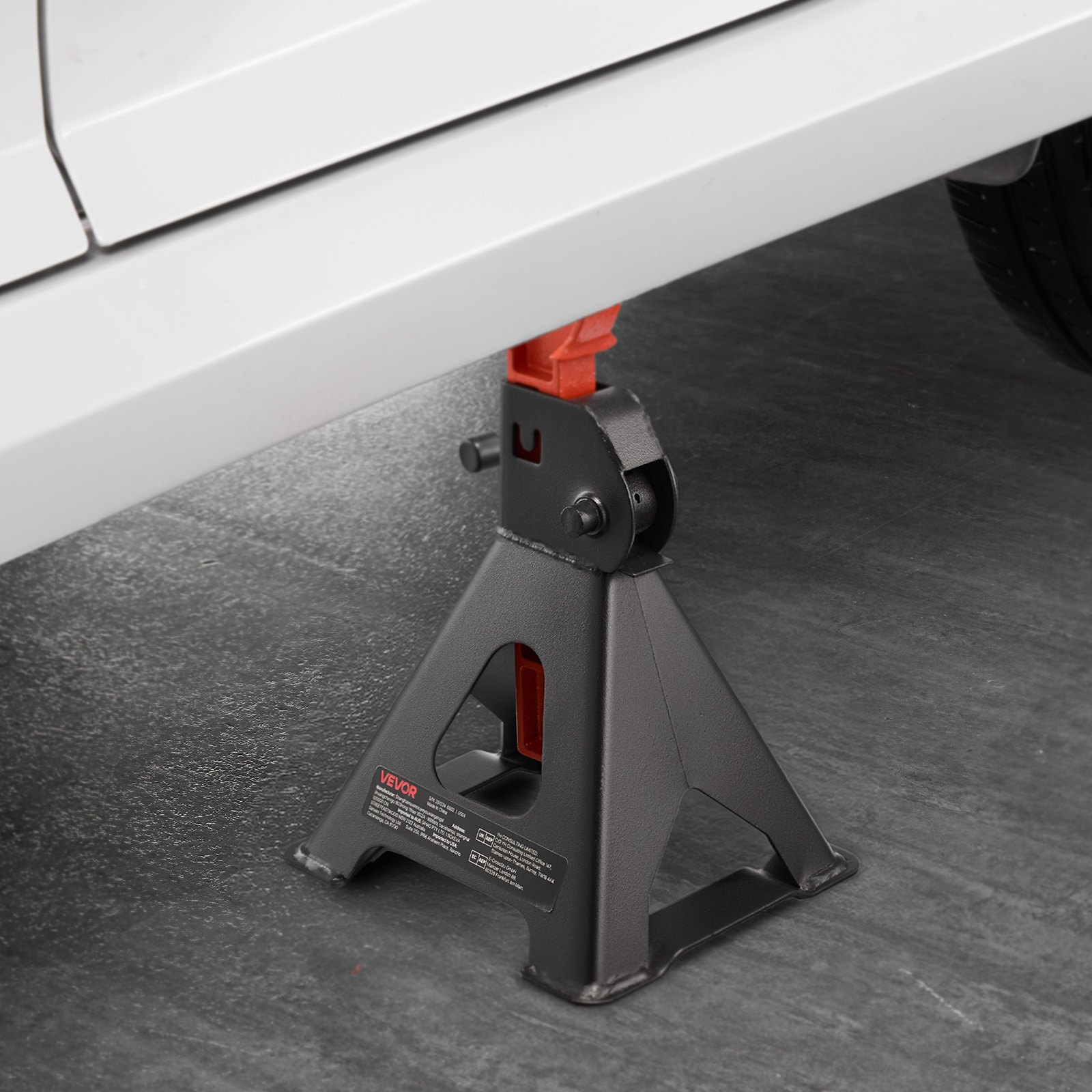 Start2Finish VEVOR 3 Ton steel jack stands with adjustable height, locking mechanism, for SUVs, pickups, cars, and UTVs.