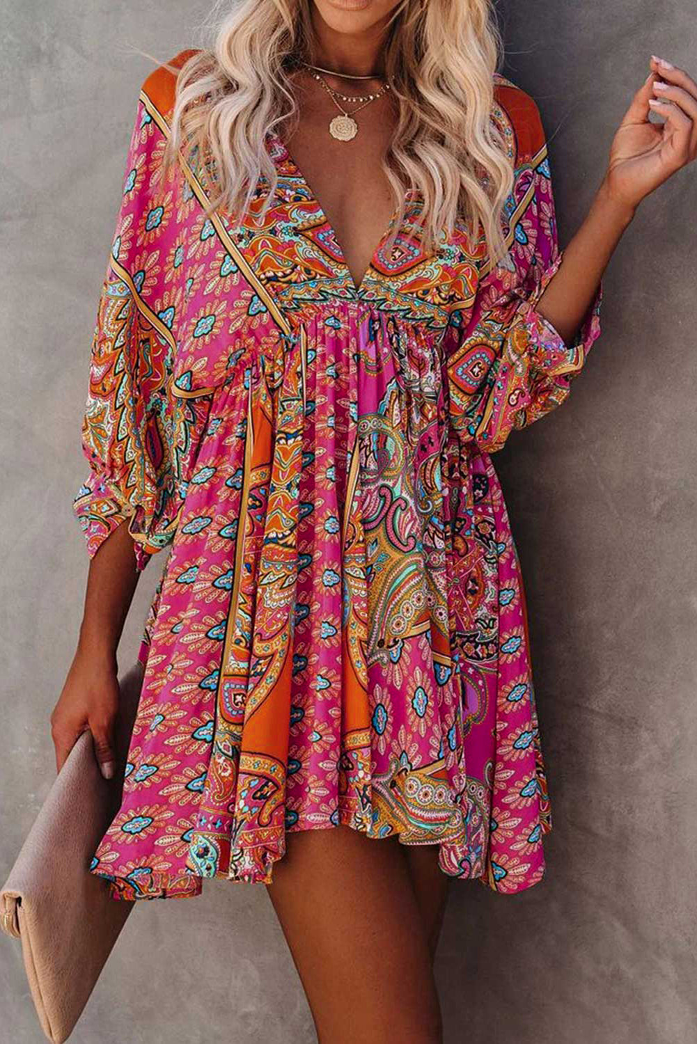 Multicolour V-neck bohemian vintage print mini dress with 3/4 sleeves, designed for women by Lavender Pallas.