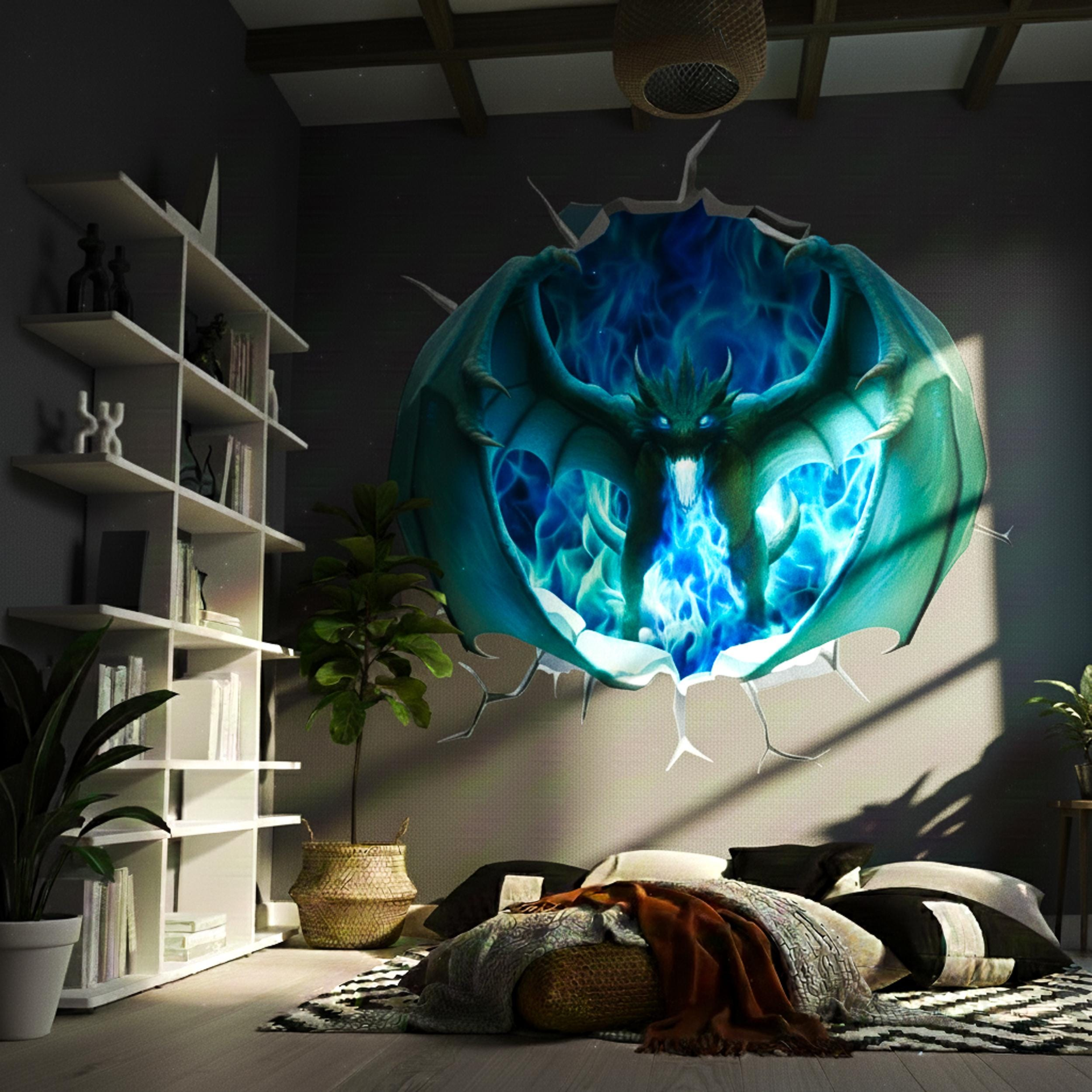 3D blue fire dragon wall decal by Start2Finish, epic fantasy portal mural for teen boys&