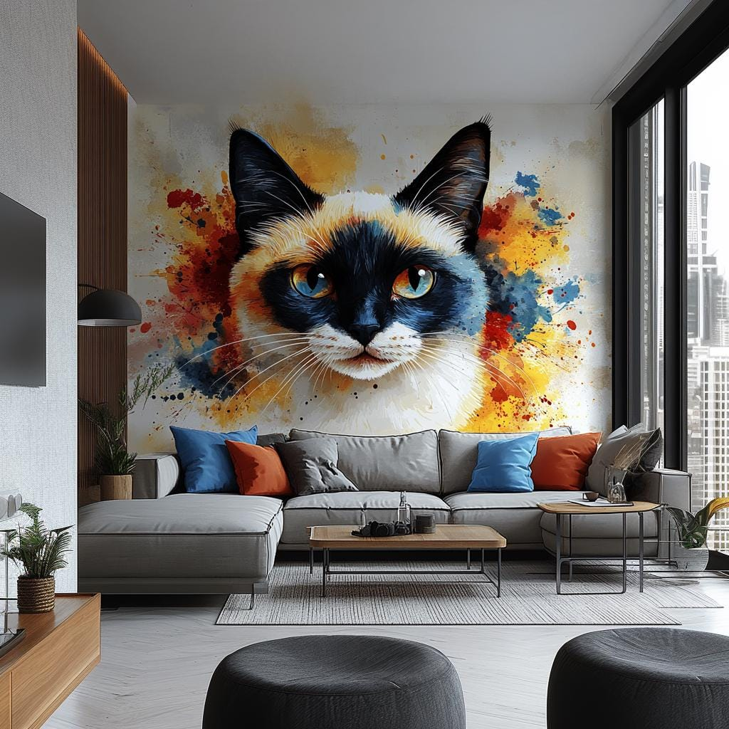 Colorful watercolor Siamese cat face wall decal with blue eyes, vinyl sticker art for living room or bedroom decor.