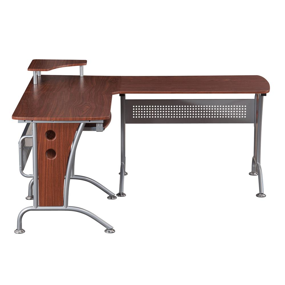 Start2Finish Techni Mobili deluxe L-shaped desk with inline team desk configuration, featuring modern wood finish and spacious work surface.