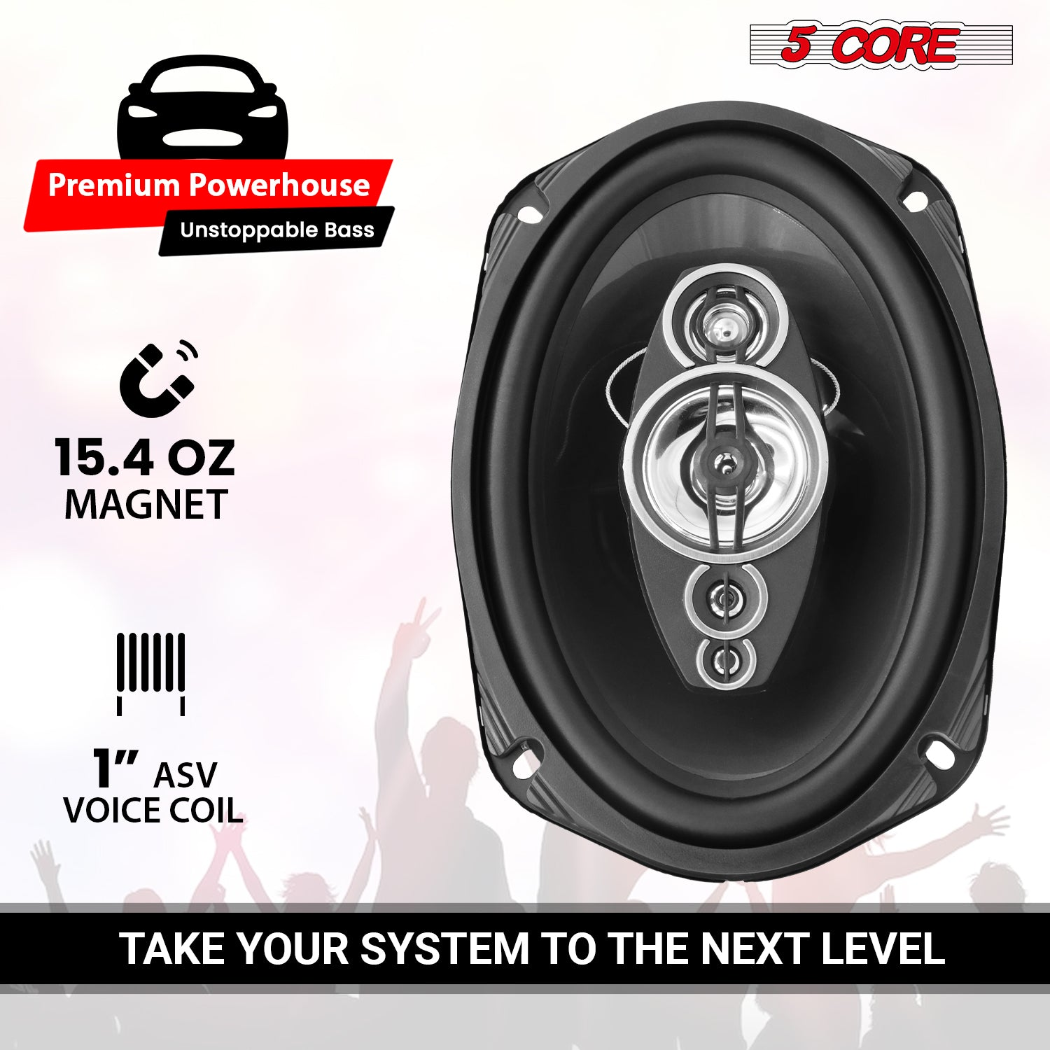 Pair of 5Core 6x9 automotive coaxial car speakers with 800W power, 4Ohm impedance, and super tweeters for vehicle audio.