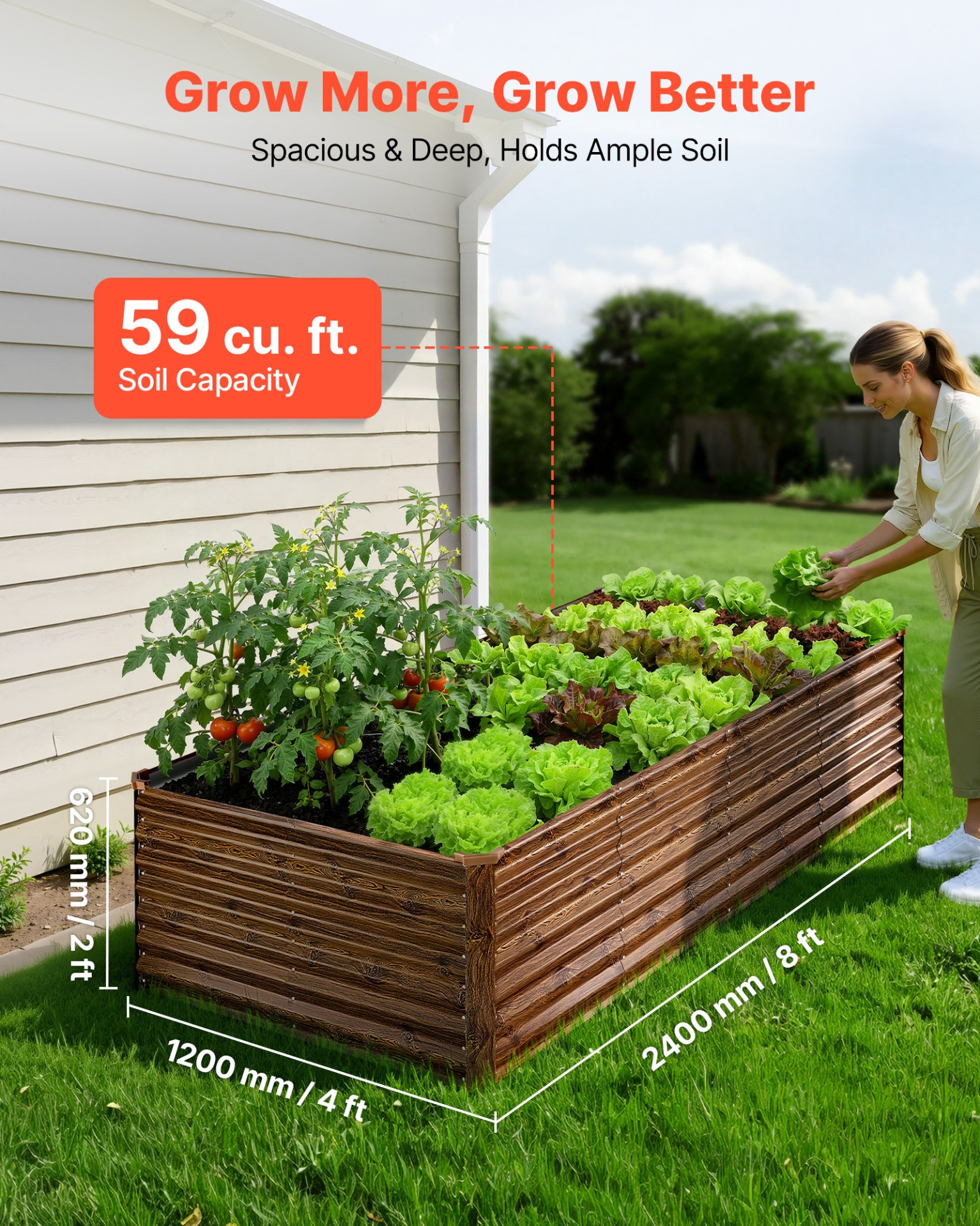Start2Finish galvanized raised garden bed, 8x4x2 ft metal planter box with deep wood grain finish, ideal for growing flowers and vegetables outdoors.