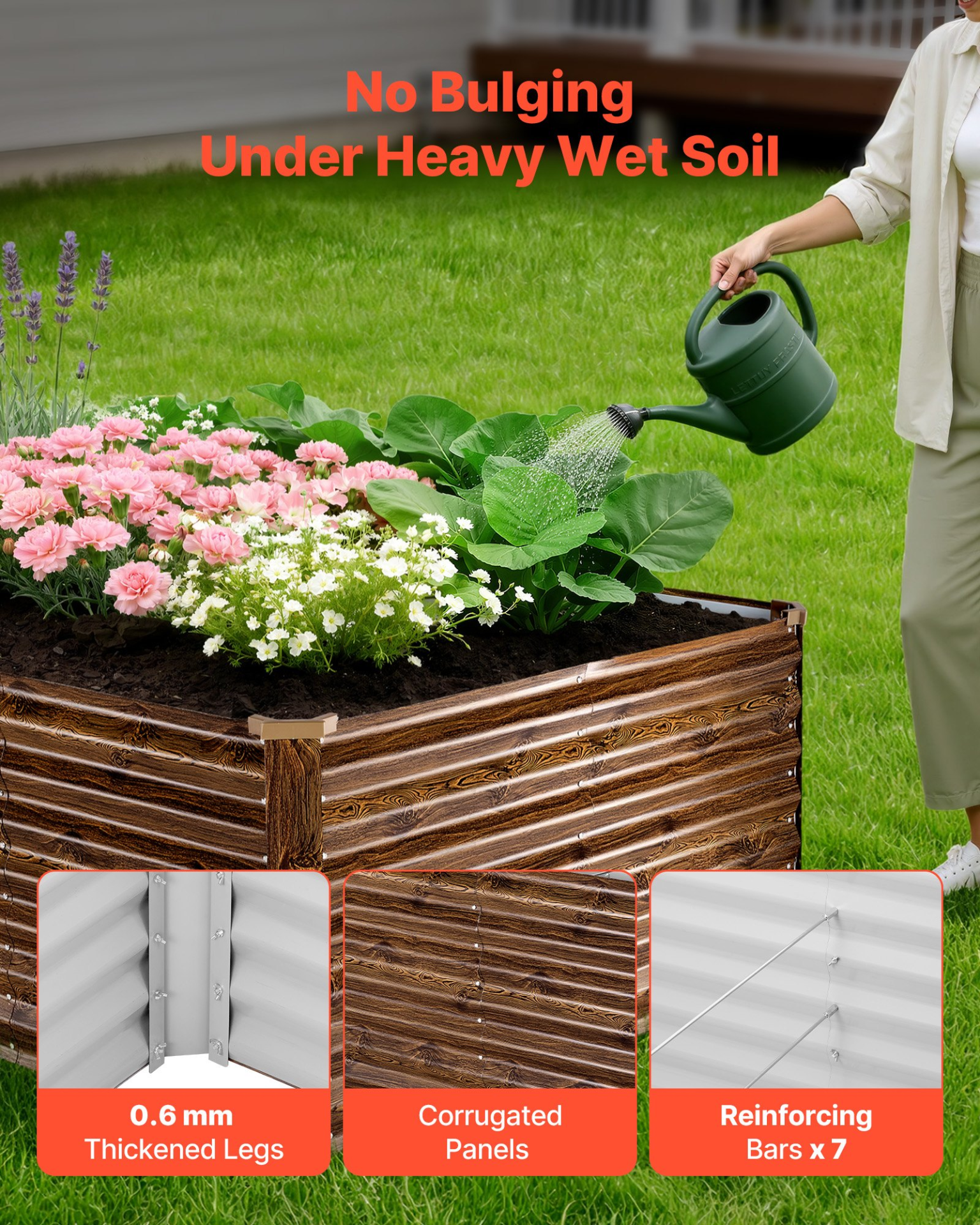 Start2Finish galvanized raised garden bed in rectangular shape, 8x4x2 ft, with deep wood grain finish for outdoor vegetable and flower planting