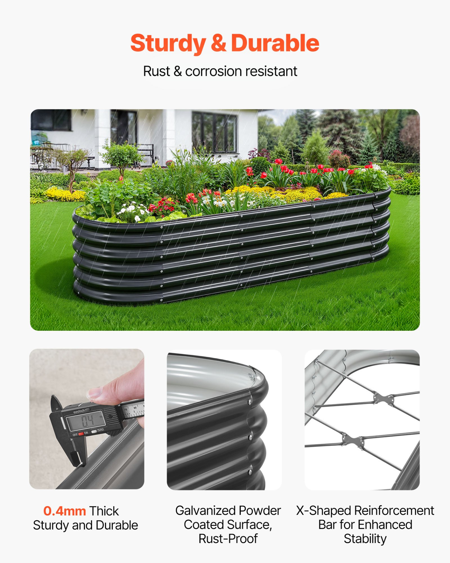 Start2Finish VEVOR metal raised garden bed, 6.56x1.97x1.4 ft oval outdoor planter with open bottom for vegetables, flowers, succulents.