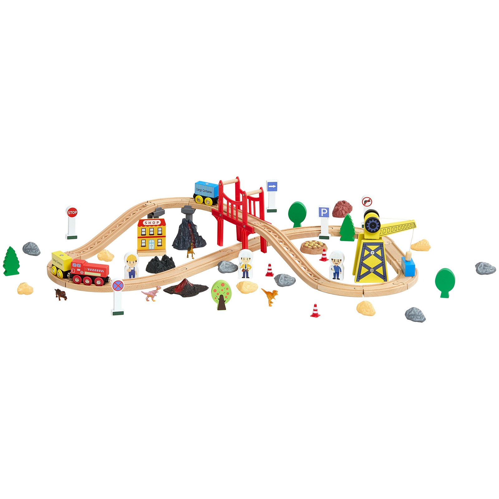 Start2Finish VEVOR wooden train set with magnetic crane, train tracks and construction accessories for kids ages 3-8.