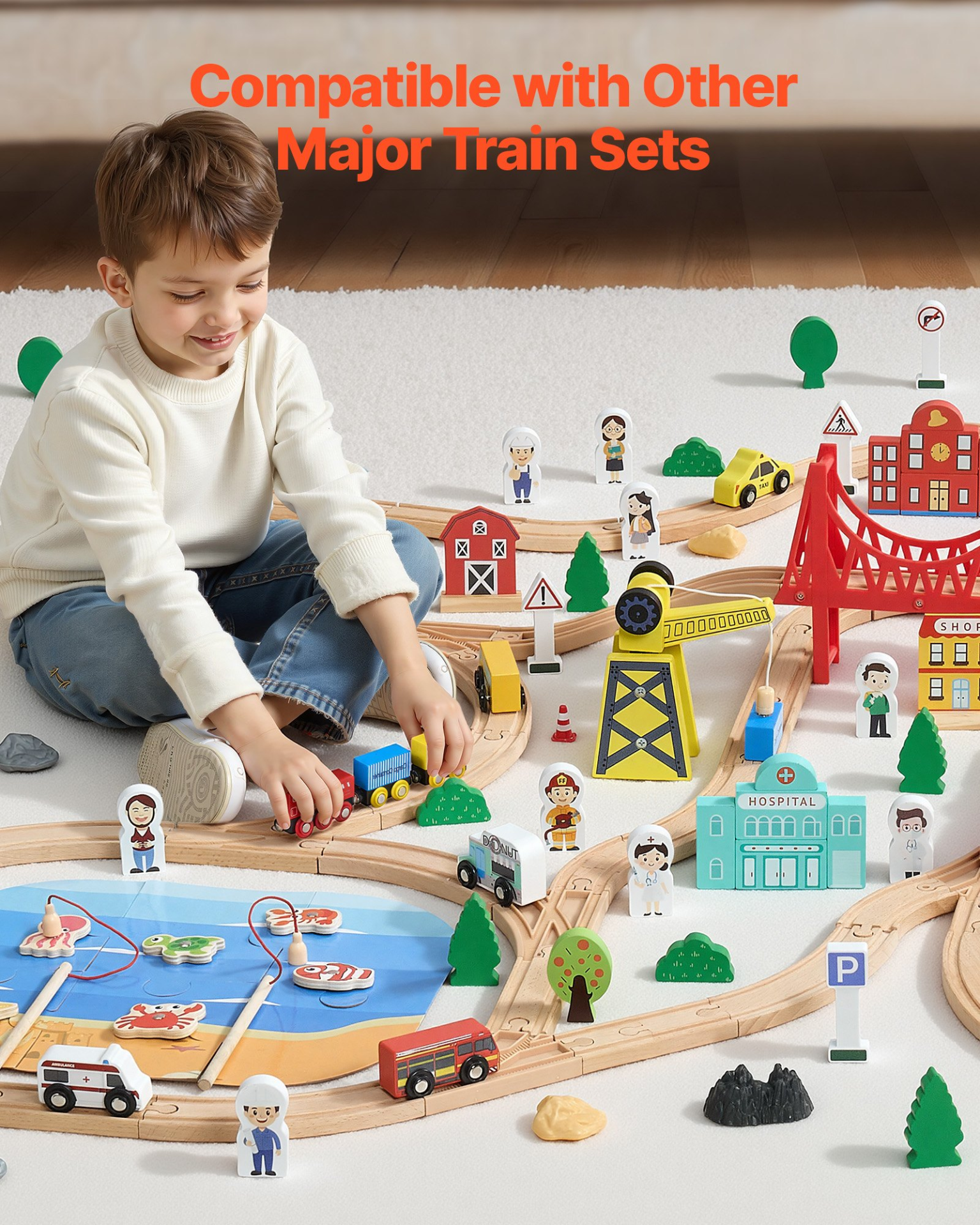 Start2Finish VEVOR Wooden Train Set with 39 pieces, magnetic trains, railway accessories, perfect for kids aged 3-8.