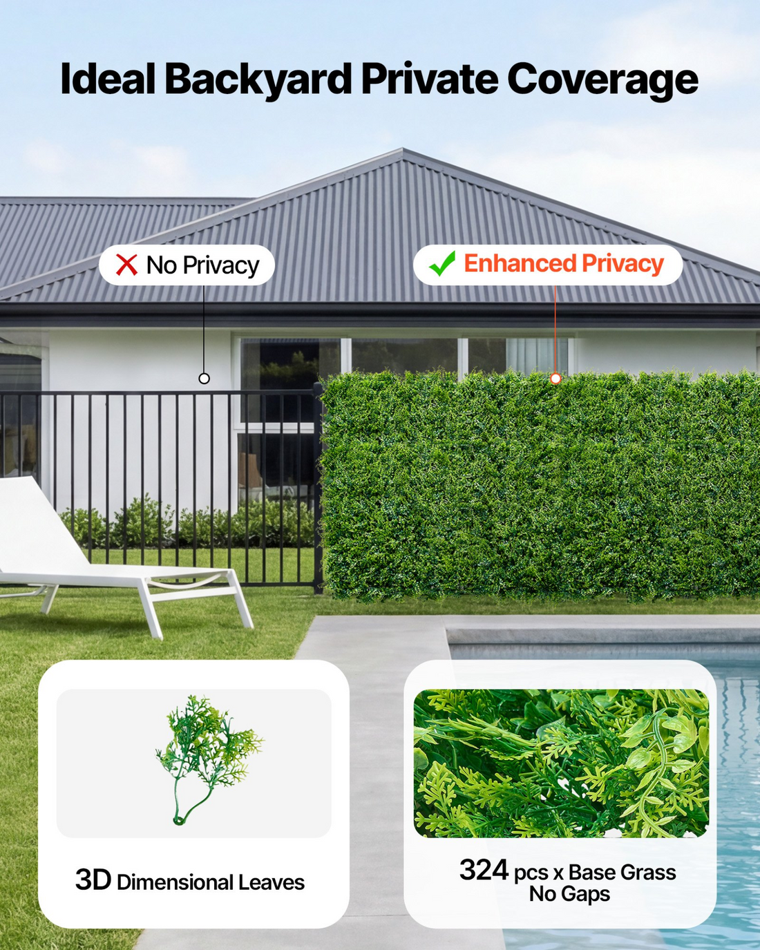 Start2Finish VEVOR artificial plant wall with 12 green boxwood panels, ideal for garden, outdoor privacy fence, or wedding backdrop.