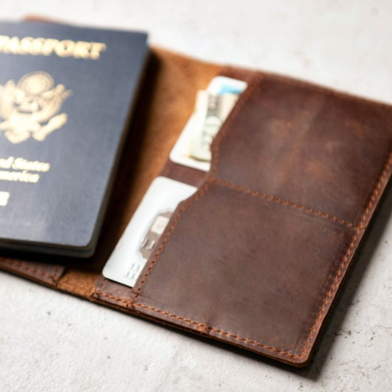 Priam Handmade Leather Passport Cover by Start2Finish, showing textured brown leather with subtle stitching details.