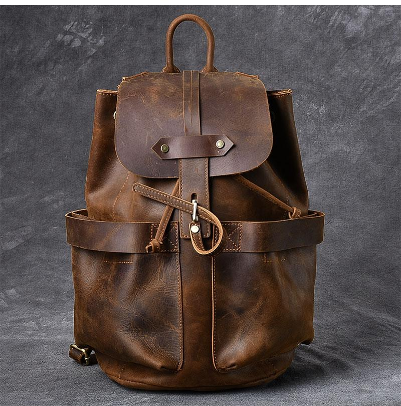 Olaf Rucksack vintage leather travel backpack by Start2Finish, showing durable leather exterior and adjustable shoulder straps.