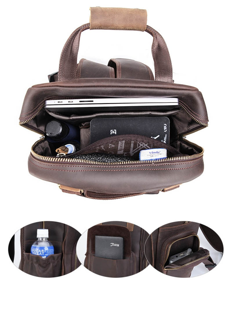 Large leather camera backpack by Start2Finish with tripod holder, featuring multiple compartments and adjustable straps.