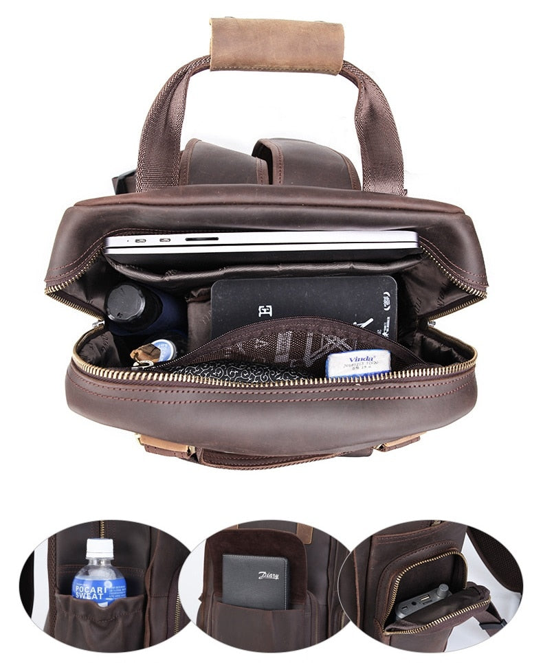 Large leather backpack camera bag with tripod holder, stylish accessories from Start2Finish, featuring multiple compartments and sturdy design.