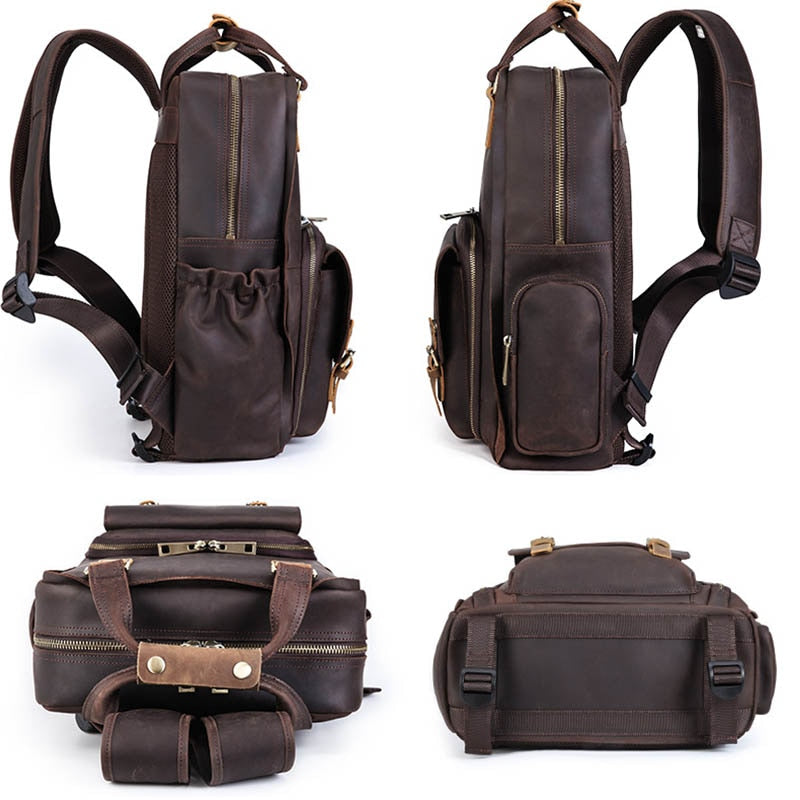Large leather backpack camera bag with tripod holder by Start2Finish, featuring multiple compartments and sturdy leather construction.