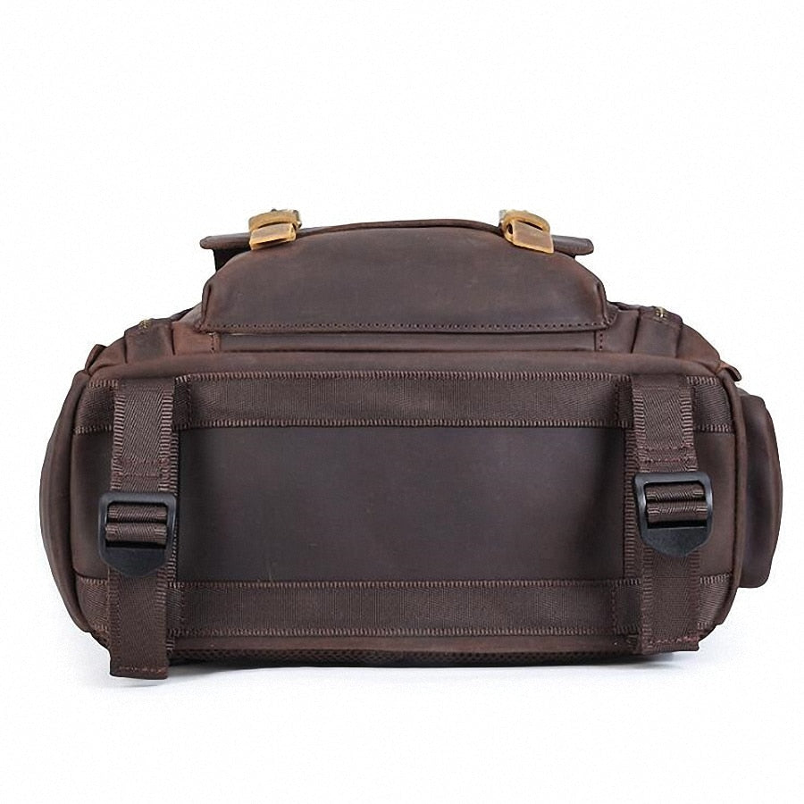 Large leather backpack camera bag with tripod holder from Start2Finish, featuring multiple compartments and durable leather construction.