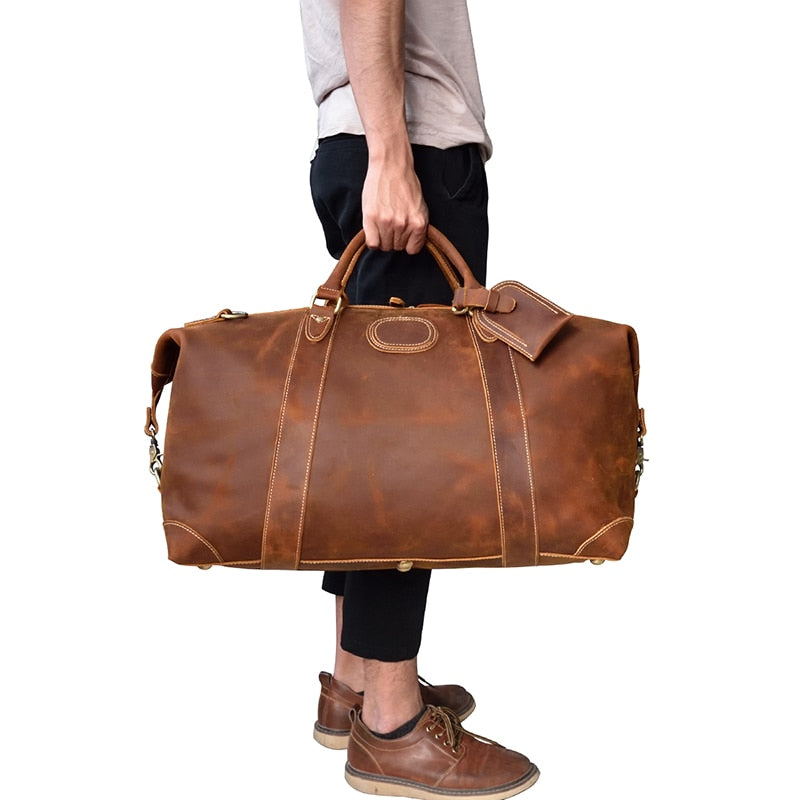 Start2Finish Eira Duffle Bag with vintage leather finish, shown as a stylish leather weekender accessory for travel and weekend trips.