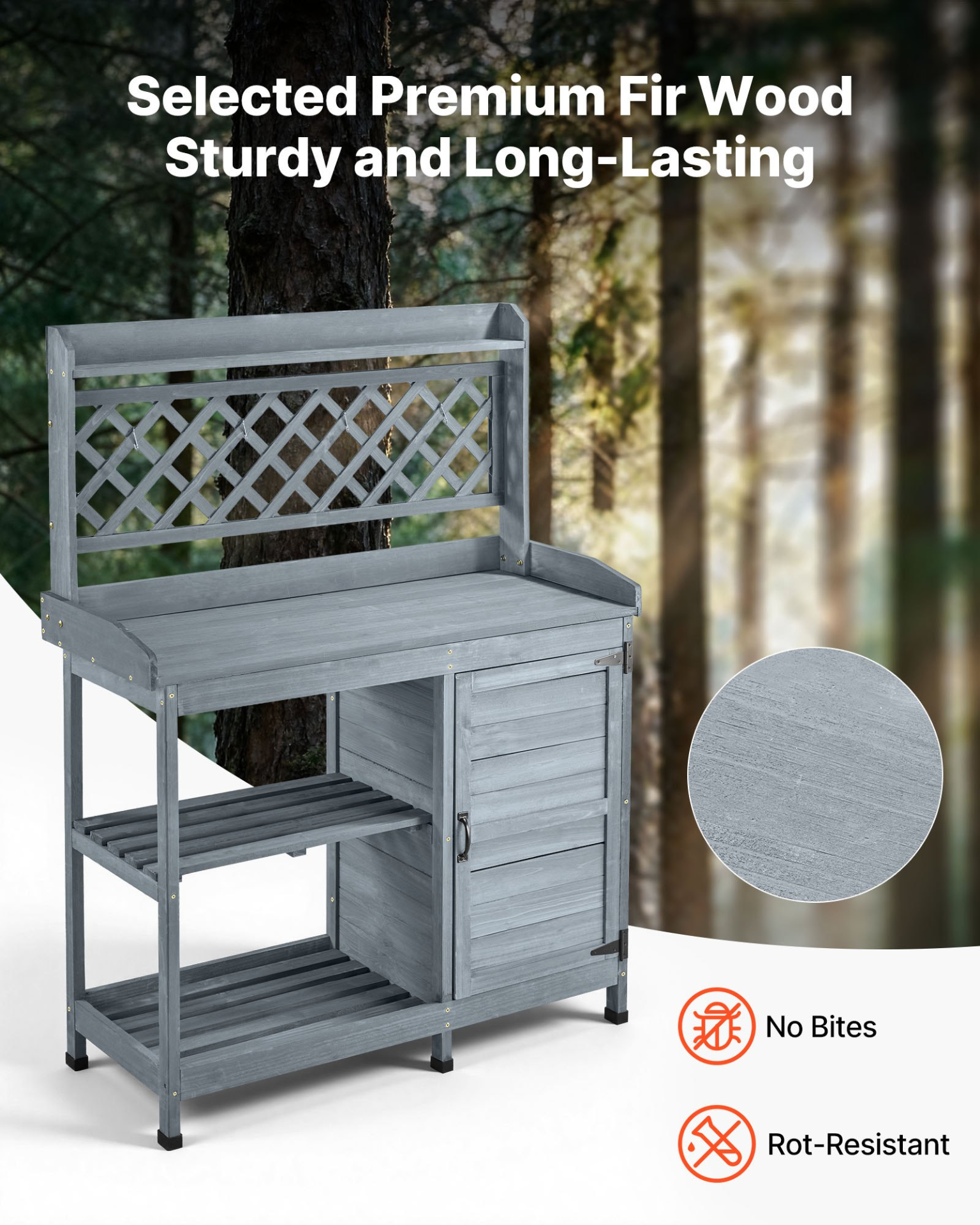 Start2Finish VEVOR outdoor garden potting bench with wooden tabletop, storage cabinet, and shelves for patio or backyard gardening.