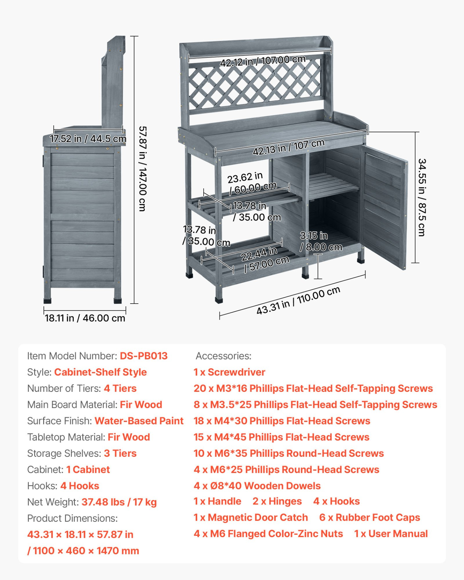 Start2Finish VEVOR outdoor gardening potting bench with wooden tabletop, storage cabinet, and shelves in gray for patio or backyard.