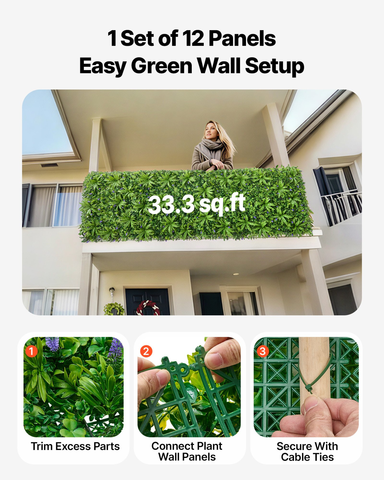 Artificial VEVOR boxwood plant wall panel, 40x120 inches, green faux grass fence for outdoor gardens, privacy screens, and wedding decor.