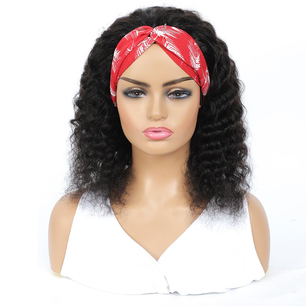 Deep wave human hair headband wig by Cerise Alfie, easy to wear, no glue, featuring a stylish bath and beauty scarf design.