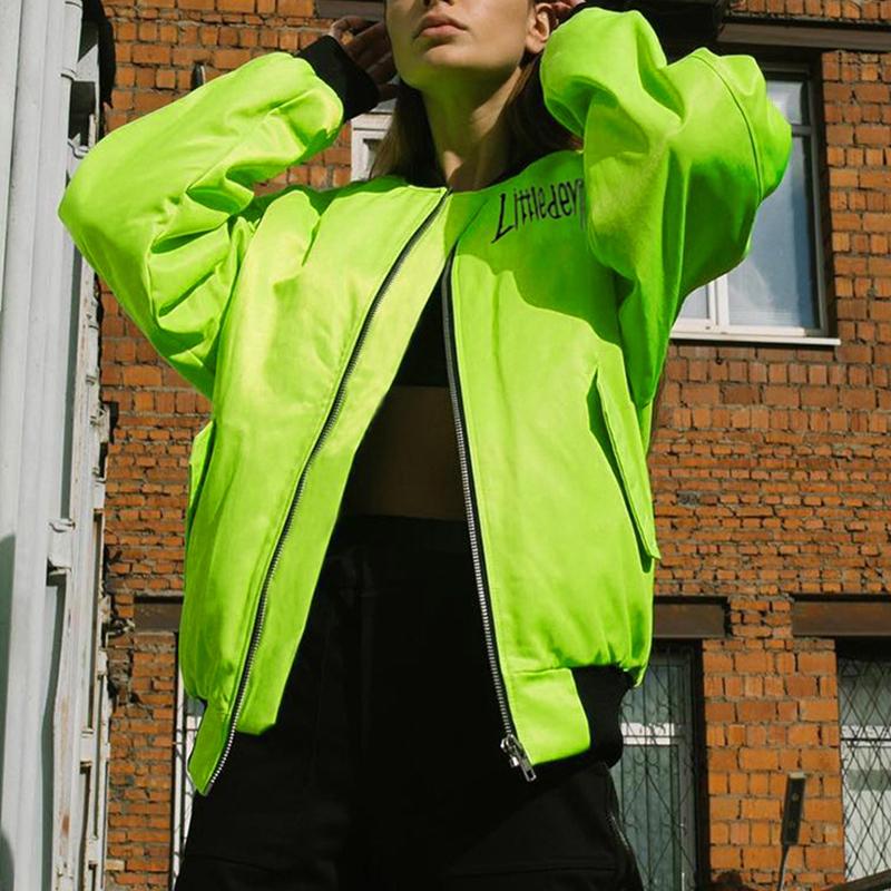Women’s dropped shoulder letter print jacket by Jade, long sleeve coat with casual style and relaxed fit.