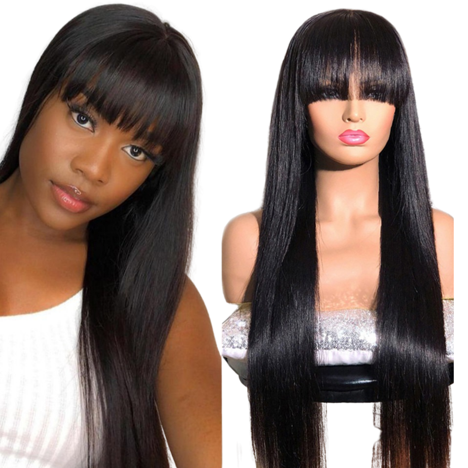 Cerise Alfie straight Brazilian human hair wig with bangs, full machine-made, natural-looking, and styled for a sleek bath and beauty look.
