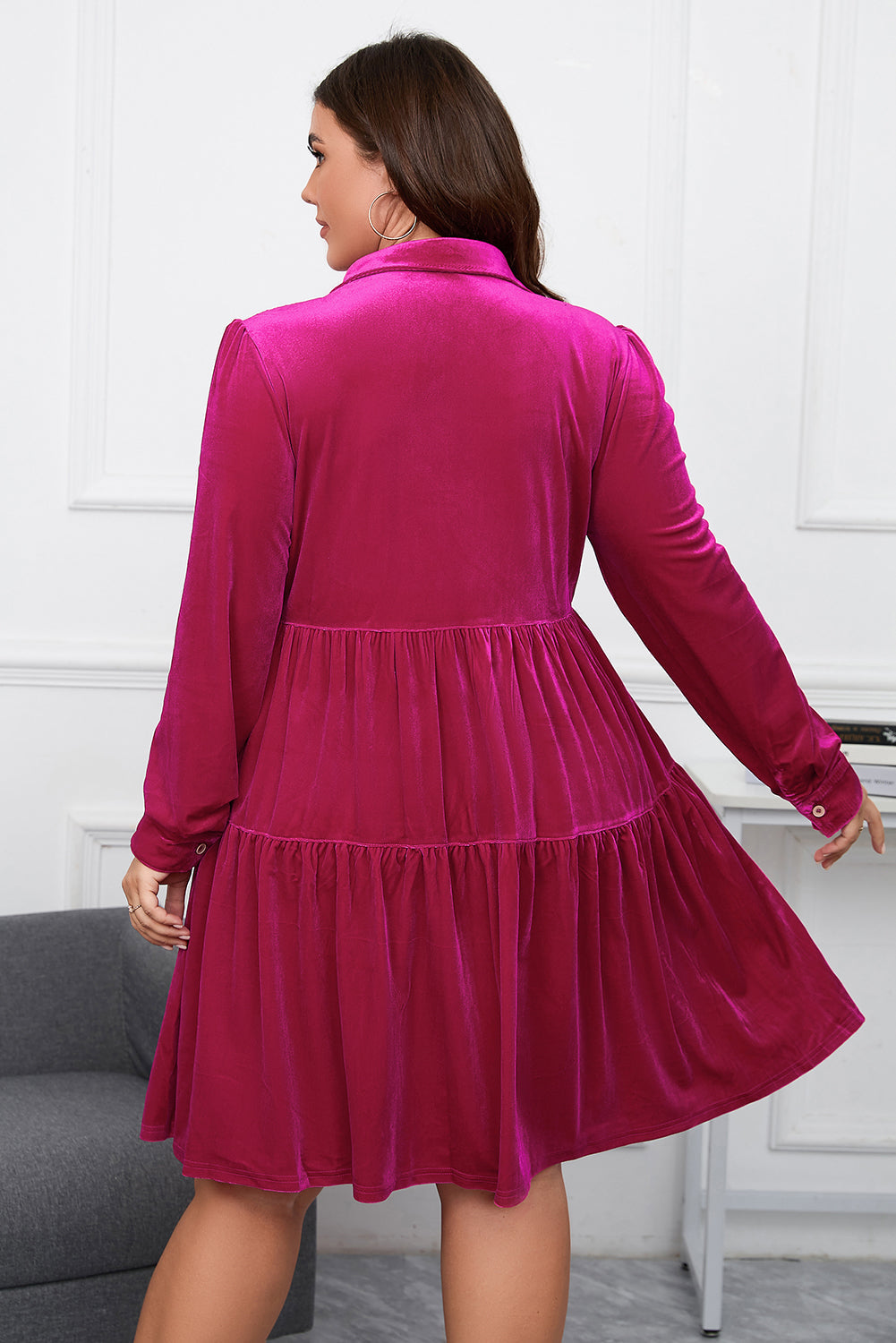 Rose red plus size velvet long sleeve button-up tiered dress by Harlequin Daisy, featuring a stylish, tiered design and elegant long sleeves.