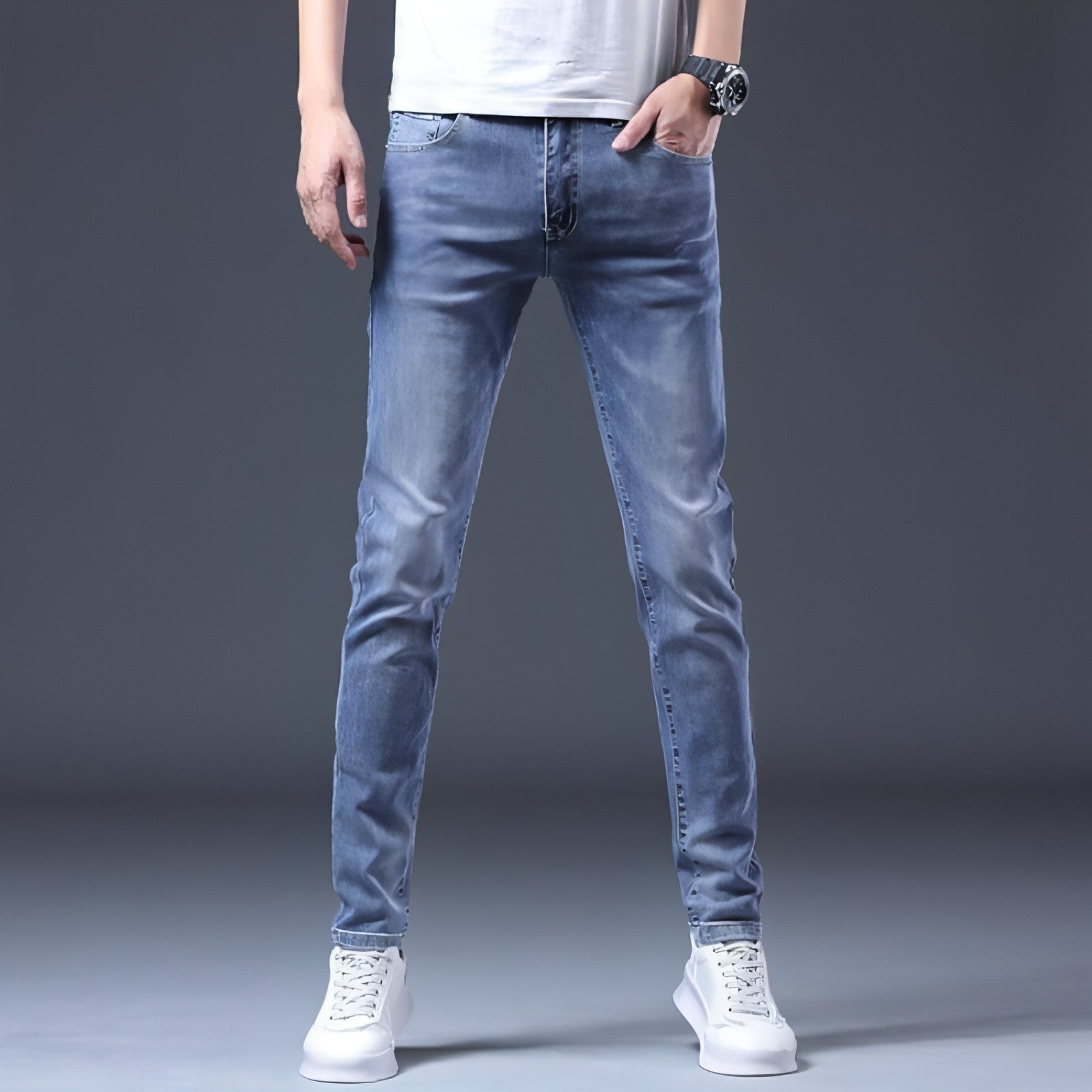 Carmine Juneberry UrbanEase™ blue jeans for men, stylish denim pants with classic fit and detailed stitching.