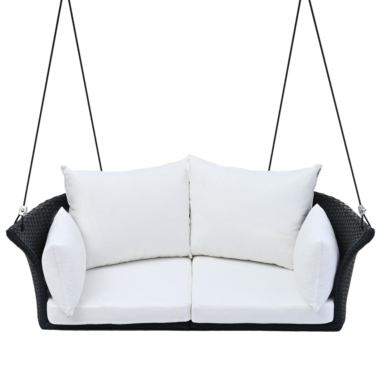 Black wicker hanging rattan porch swing for 2, Carmine Juneberry garden furniture, with white cushions, suitable for outdoor relaxation.