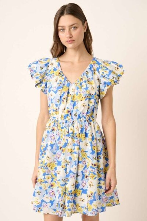 Jade Icarus Mittoshop floral V-neck cap sleeve mini dress for women, featuring a colorful floral pattern and a fitted silhouette.