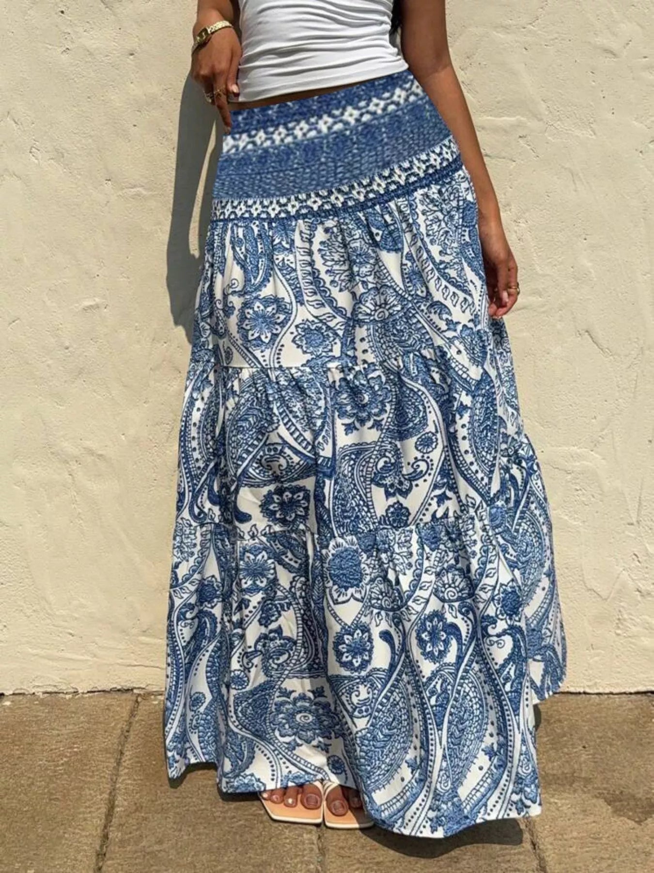 Printed high waist maxi skirt for women by Ruby Styx, flowing design with vibrant pattern and comfortable fit.