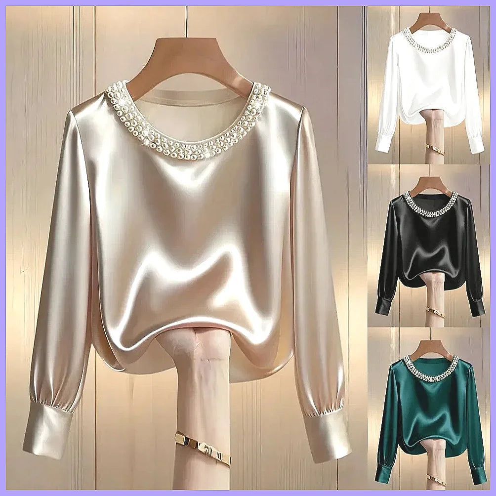 Elegant beaded satin blouse for women by Start2Finish, loose fit long sleeve silk shirt top with intricate bead detailing.