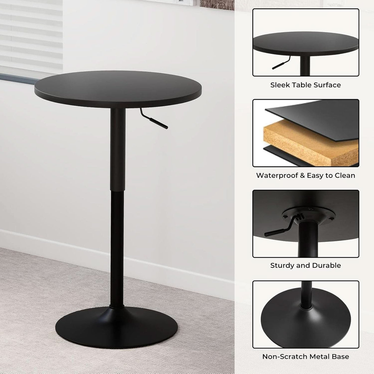23.6 Inch Round Pub Table Black Height Adjustable All Weather