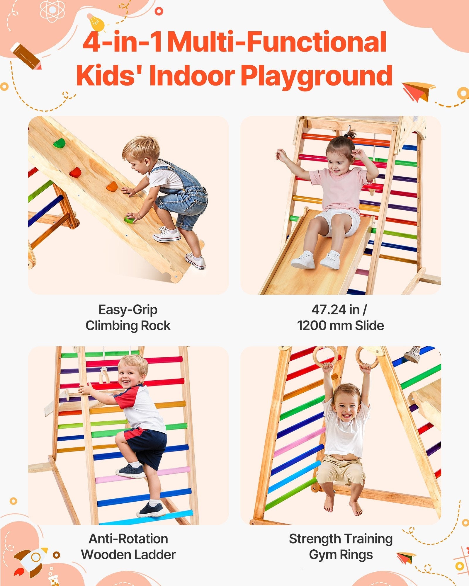 Wooden indoor playground jungle gym by Pear Daisy with climbing, slide, and play areas for kids in a home setting.