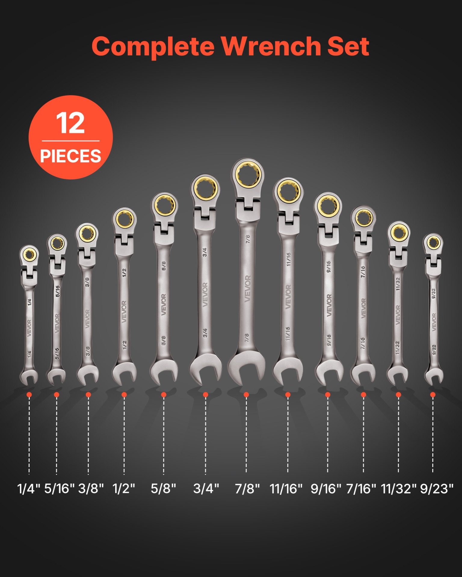 Start2Finish VEVOR 12-piece SAE flex-head ratcheting wrench set with Cr-V steel, gray nickel finish, and roll-up pouch for repairs.