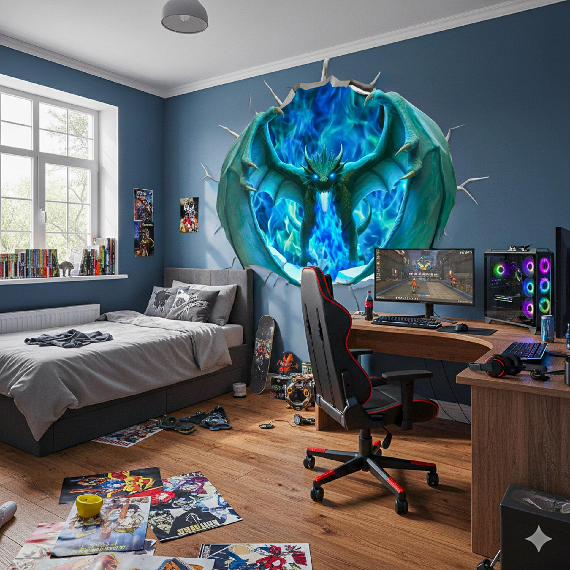 3D Blue Fire Dragon wall decal by Start2Finish, epic fantasy portal mural for teen boys&