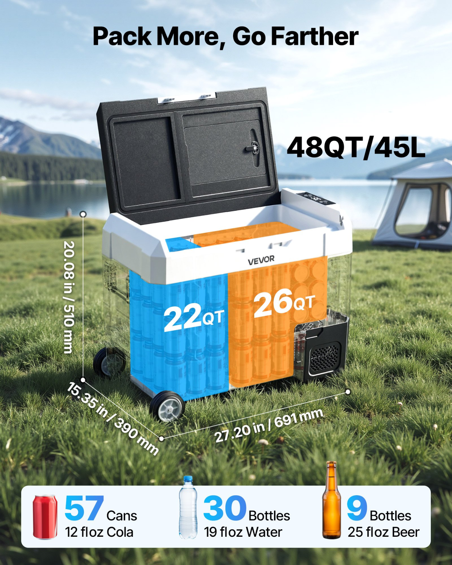 Start2Finish VEVOR 48 QT car refrigerator with dual zones, compressor cooling, wheels, and app control for RVs, boats, and camping.