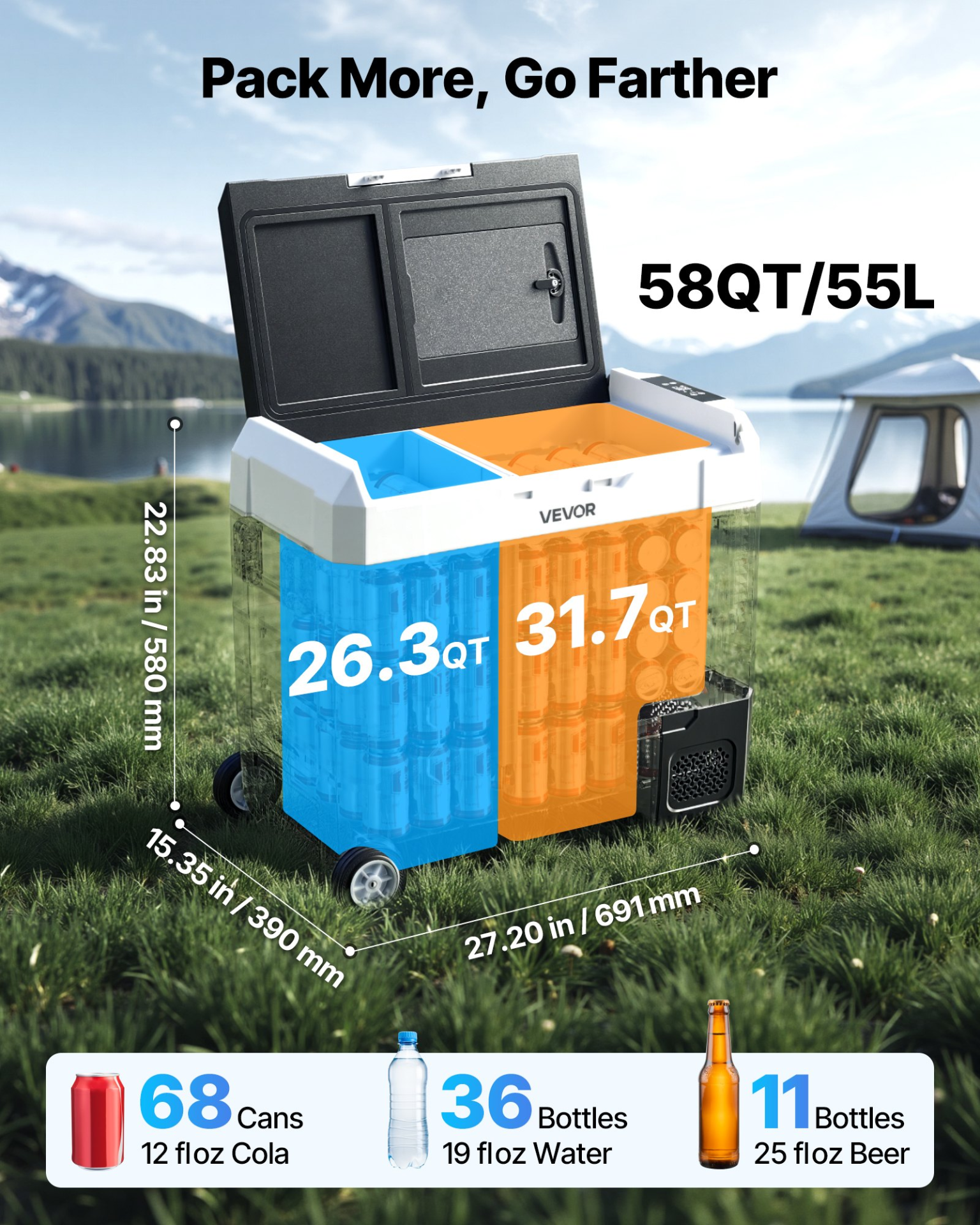 Start2Finish VEVOR 58 QT car refrigerator with wheels, dual zones, digital control, and compressor cooling for RVs, boats, camping.