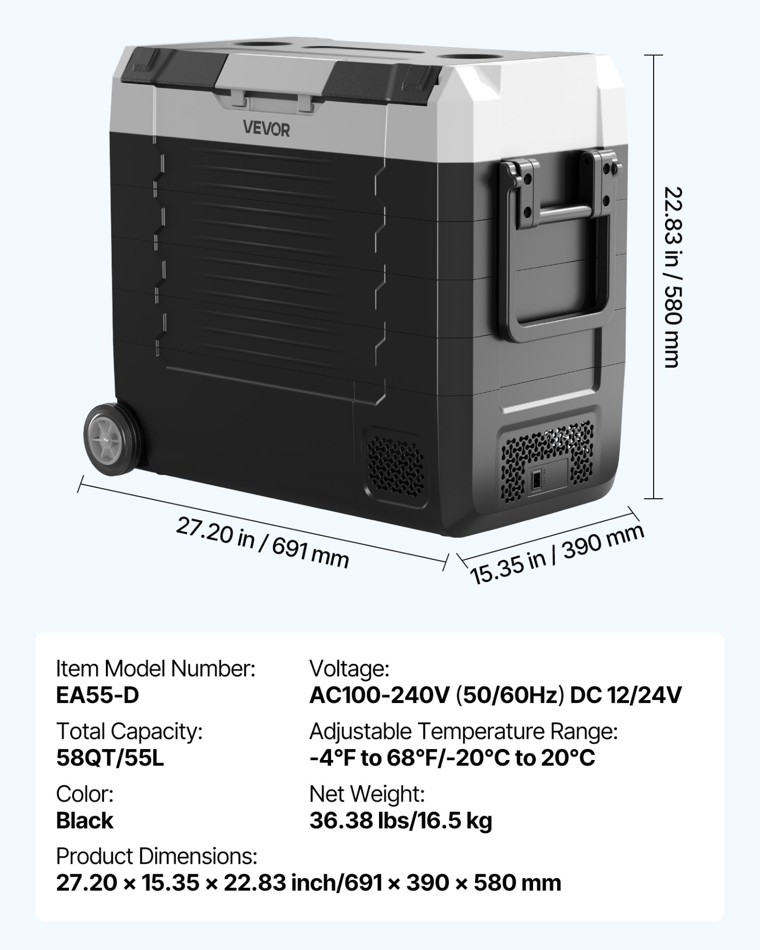 Start2Finish VEVOR 58QT car refrigerator with dual zones, compressor cooling, wheels, and app control for RVs, boats, camping, and fishing.