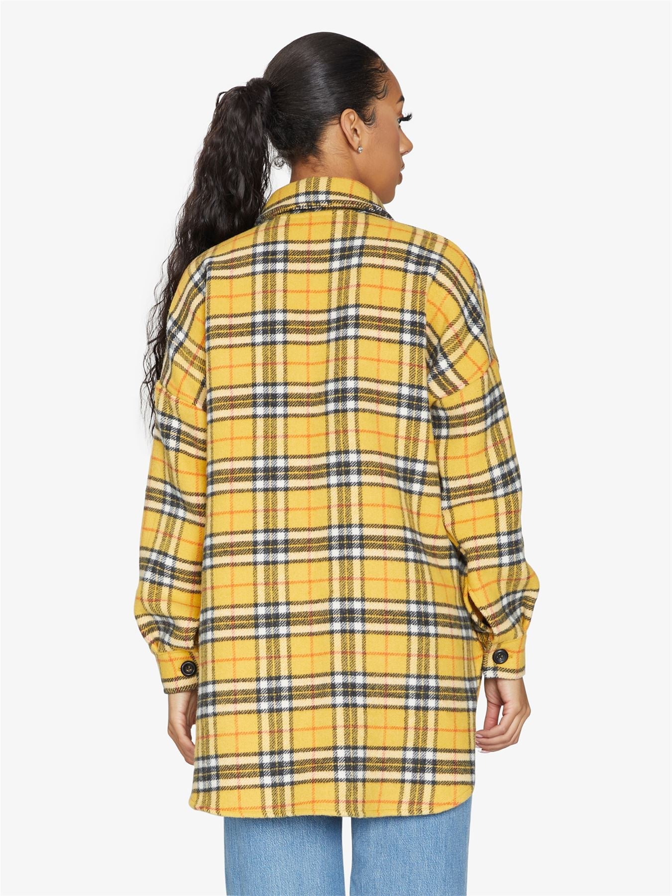 Rose Eleusis oversized Nova check wool blend shacket featuring a relaxed fit, plaid pattern, and button closure, perfect for layered style.