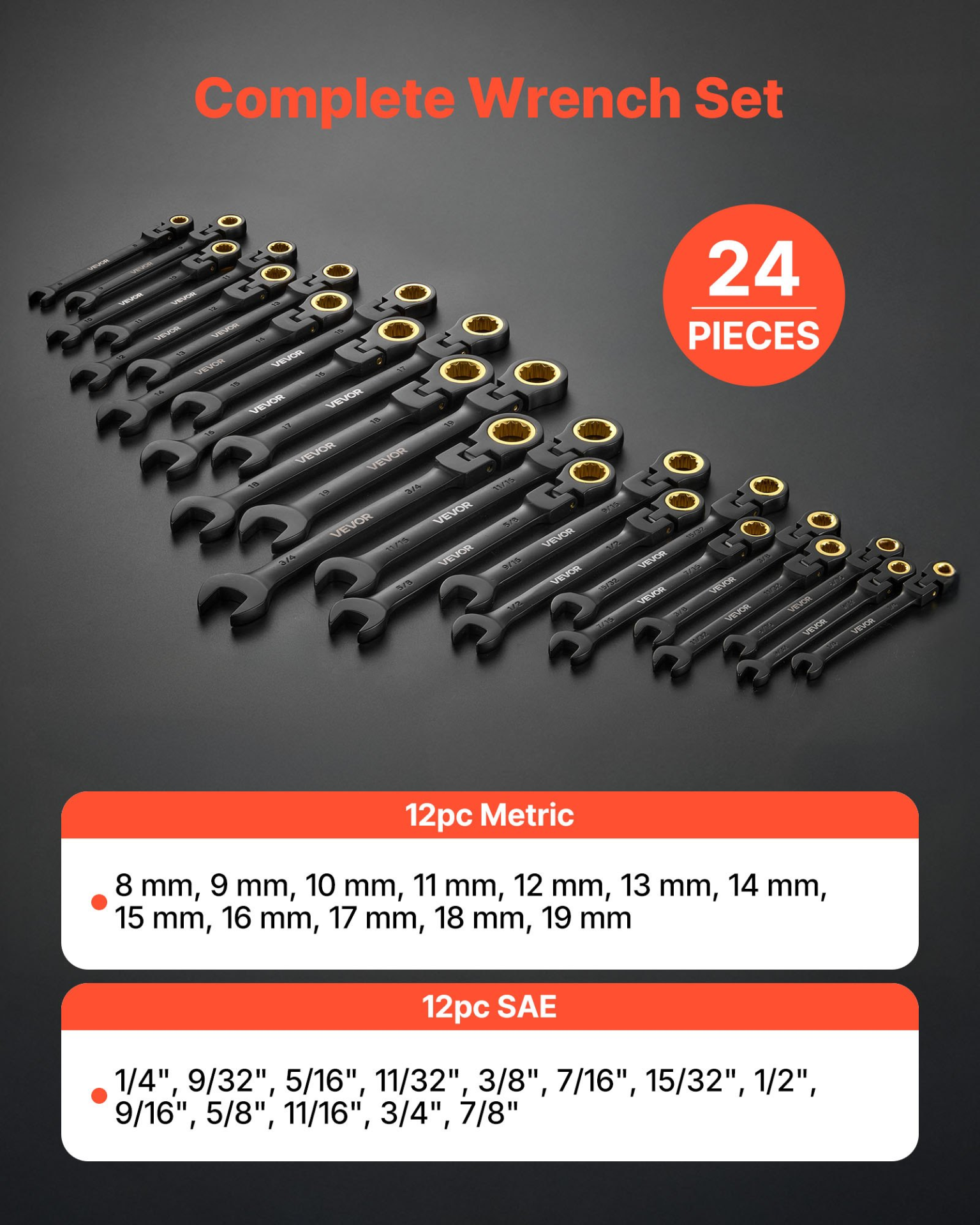 Start2Finish VEVOR 24-piece flex-head ratcheting wrench set with black Cr-V steel, SAE and metric sizes, stored in a case.