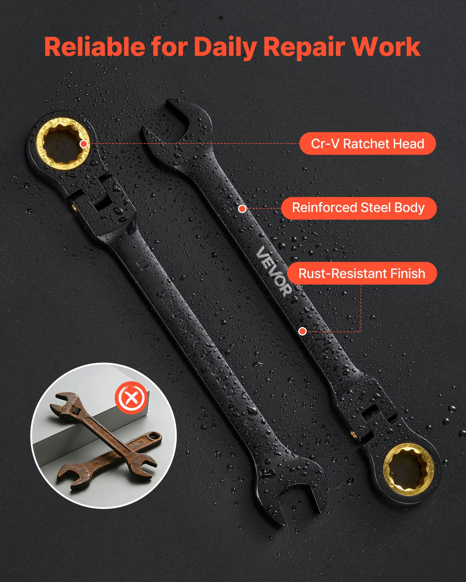 Start2Finish VEVOR 24-piece flex-head ratcheting wrench set with black Cr-V steel, SAE and metric sizes, in storage case.