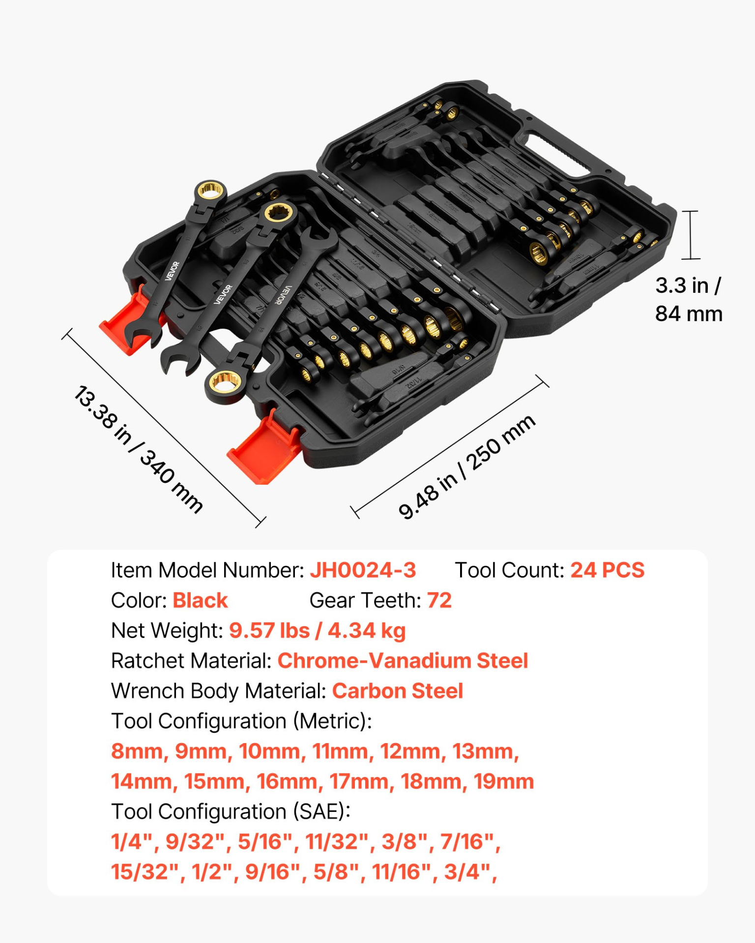 Start2Finish VEVOR 24-piece flex-head ratcheting wrench set with black Cr-V steel, SAE and metric sizes, in storage case for repairs.