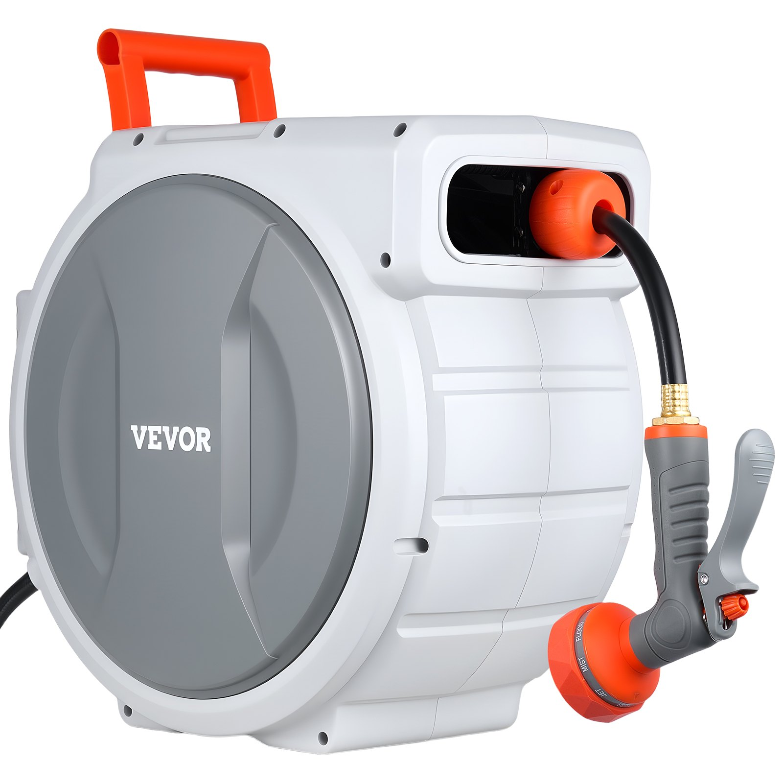 Start2Finish VEVOR retractable garden hose reel with 1/2 inch x 100 ft hose, wall mount, sprayer nozzle, and slow rewind system.