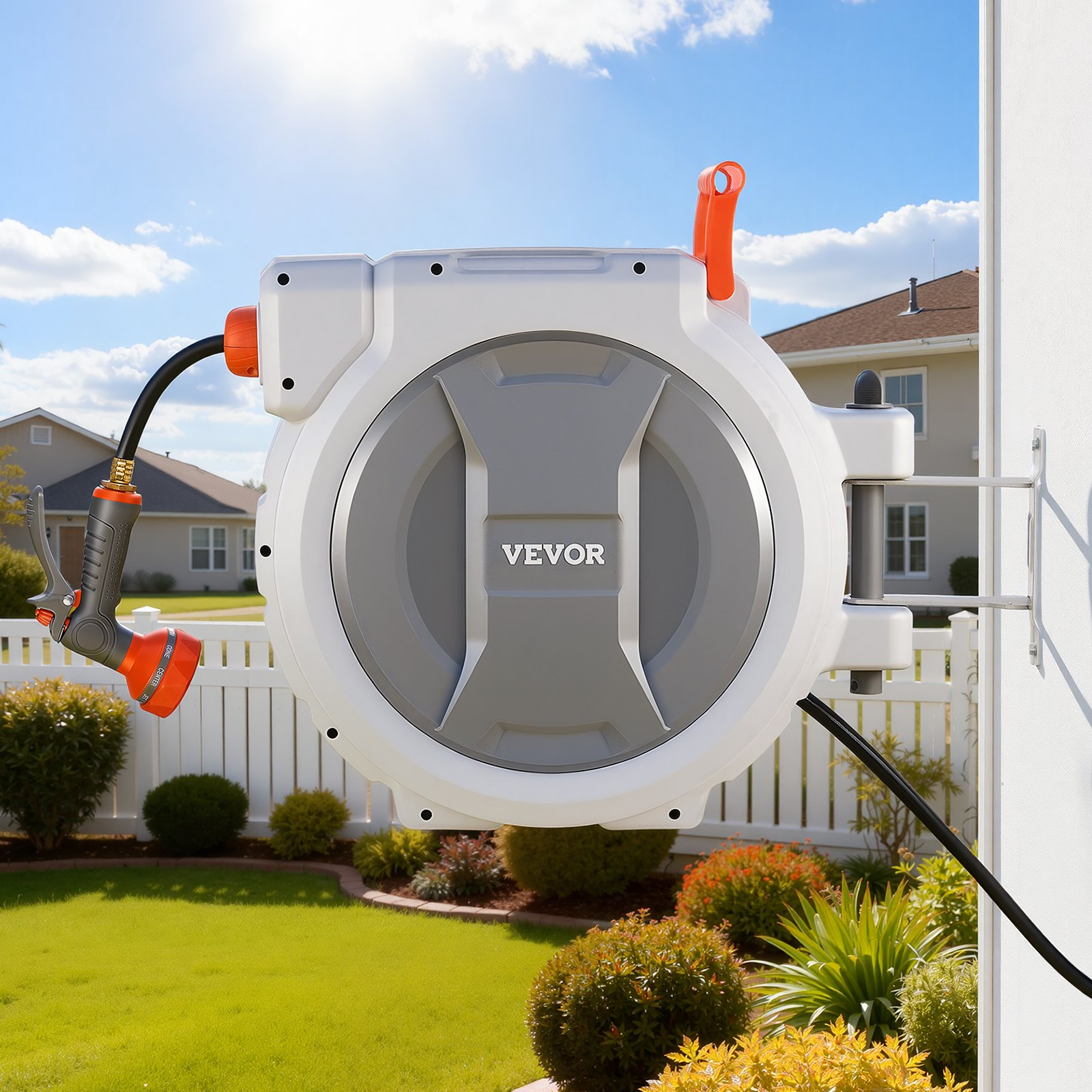 Start2Finish VEVOR 130 ft retractable garden hose reel with 9-function sprayer, wall mount, swivel bracket, and automatic rewind system.